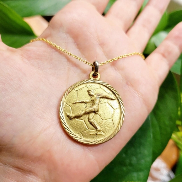 Vintage Gold Soccer Football Medallion Necklace - Picture 1 of 8